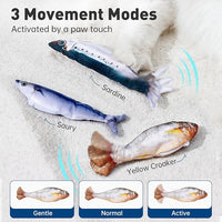 Saury-shaped flopping cat toy with tap-activated movement