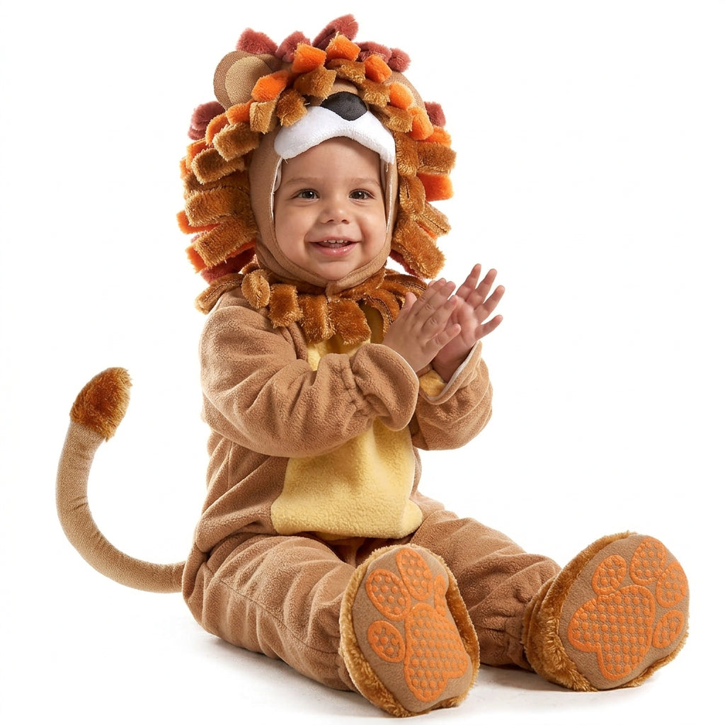 Brown baby lion costume featuring a textured orange mane and cream tummy panel.