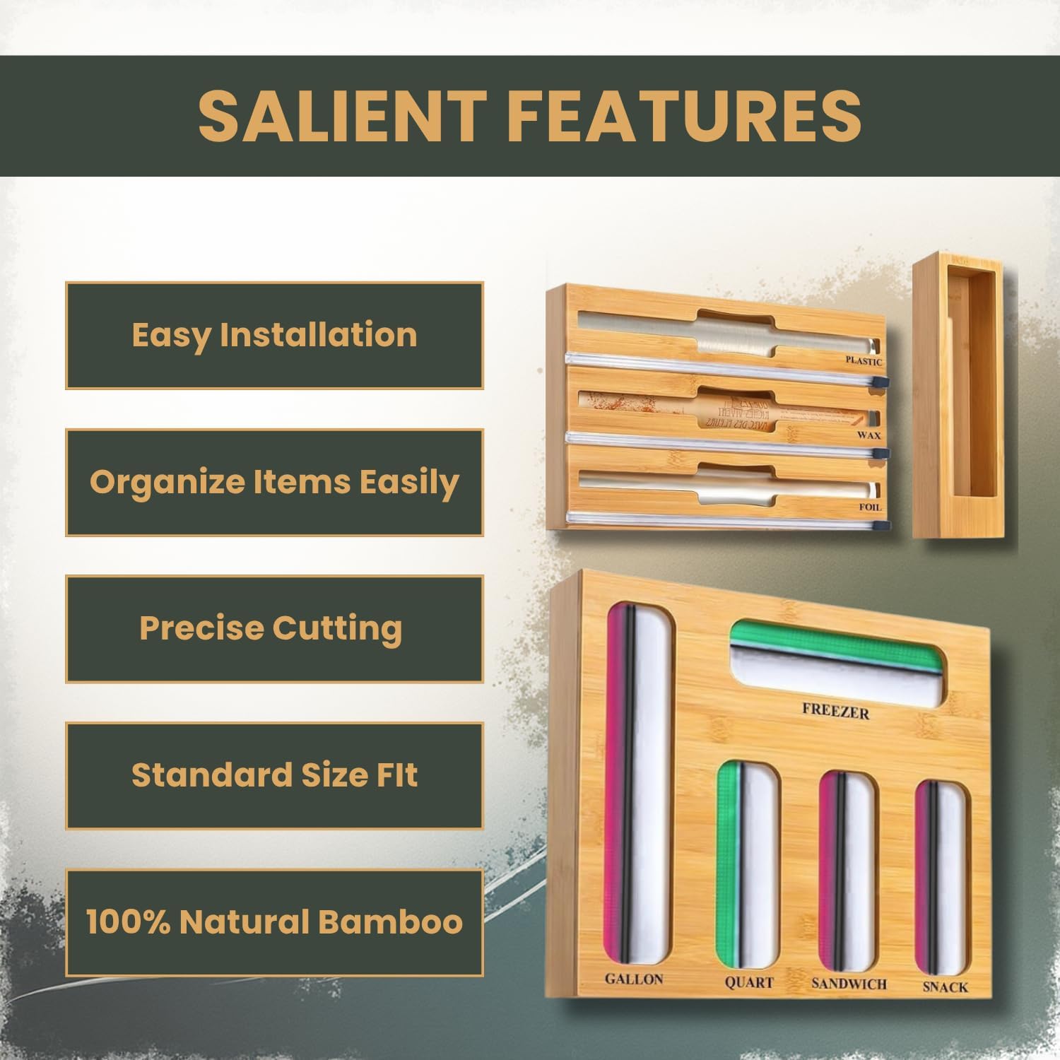 Bamboo foil and wrap organizer for kitchen drawer and cabinet use
