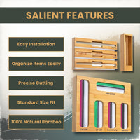 Bamboo foil and wrap organizer for kitchen drawer and cabinet use