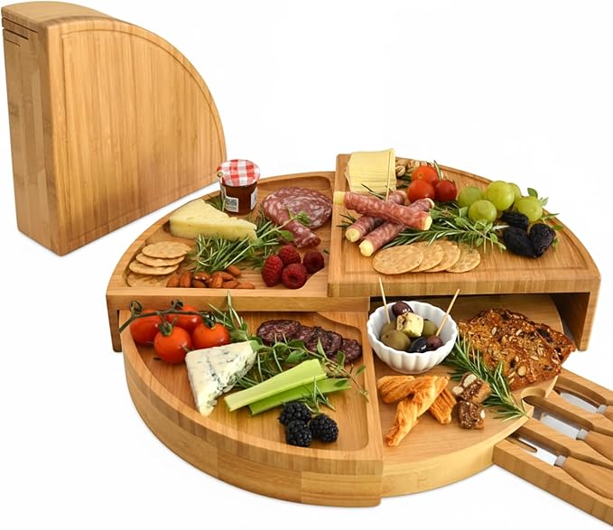 Foldable bamboo charcuterie board with round serving desigN