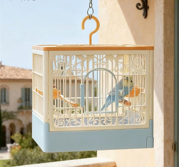 foldable 360° full-view bird travel cage with tray, hook, and perch