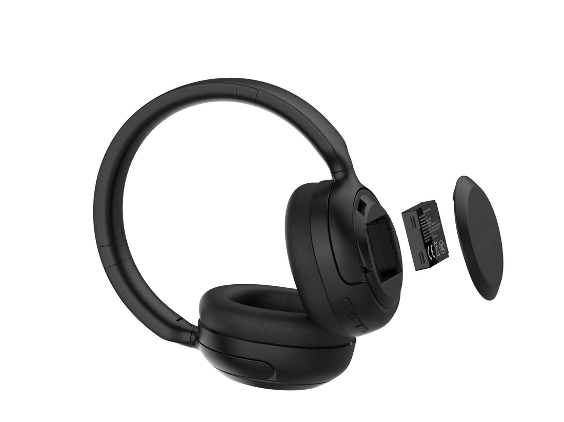 Foldable Bluetooth headphones showing rotating ear cups and compact design