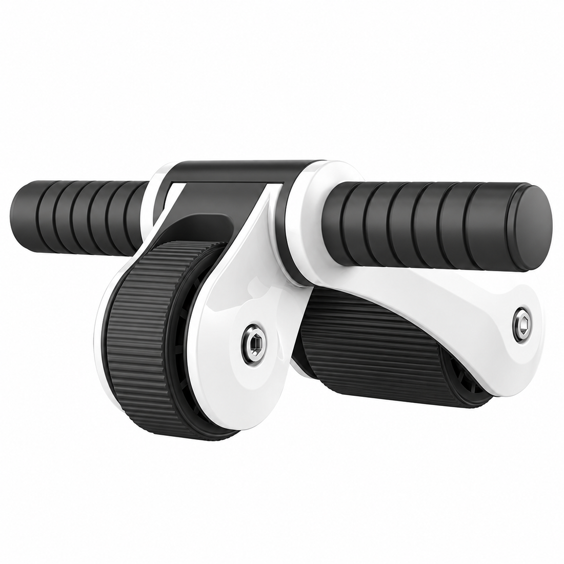 Foldable double wheel ab roller for abdominal exercise and home fitness.
