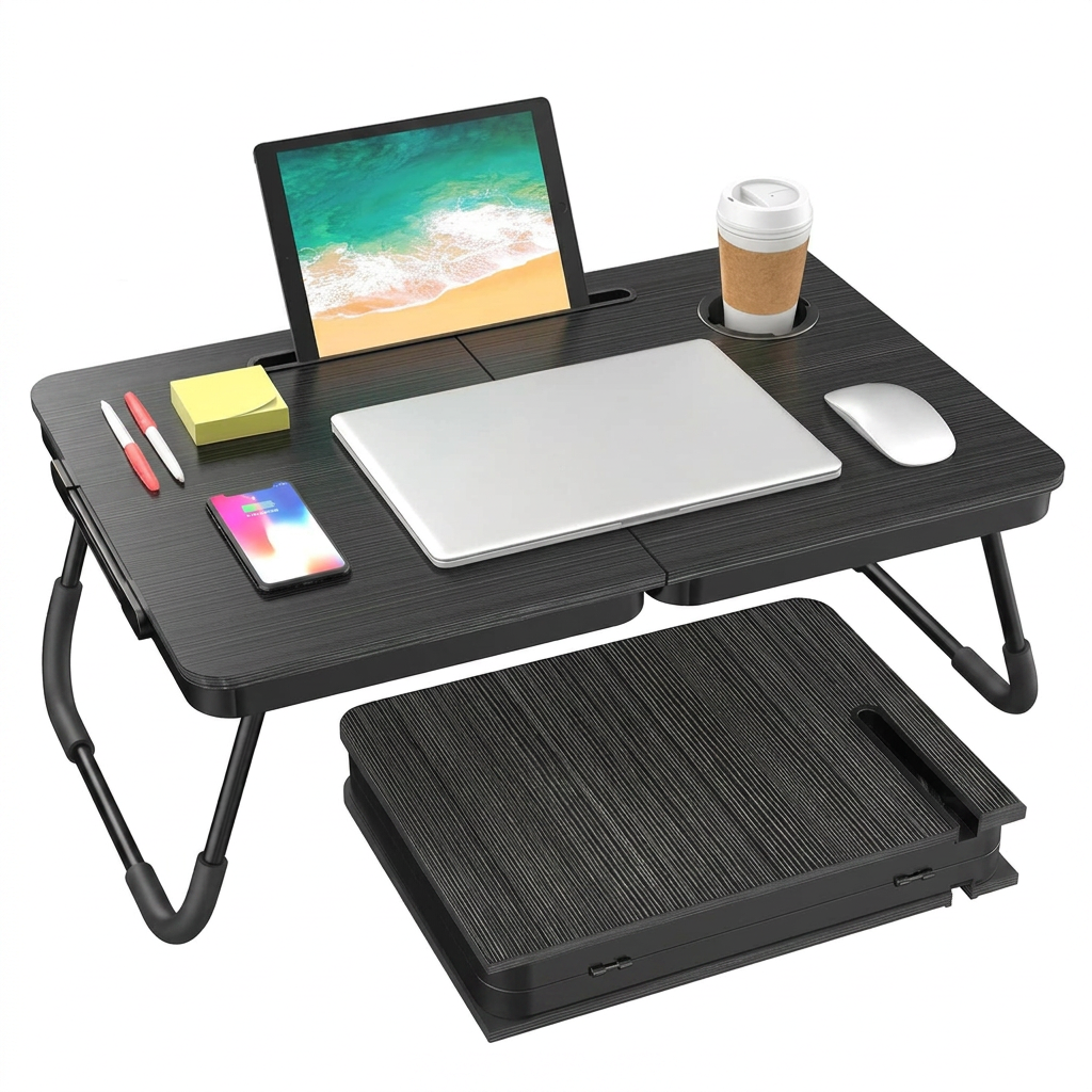 Foldable laptop bed desk with cup holder and tablet slot