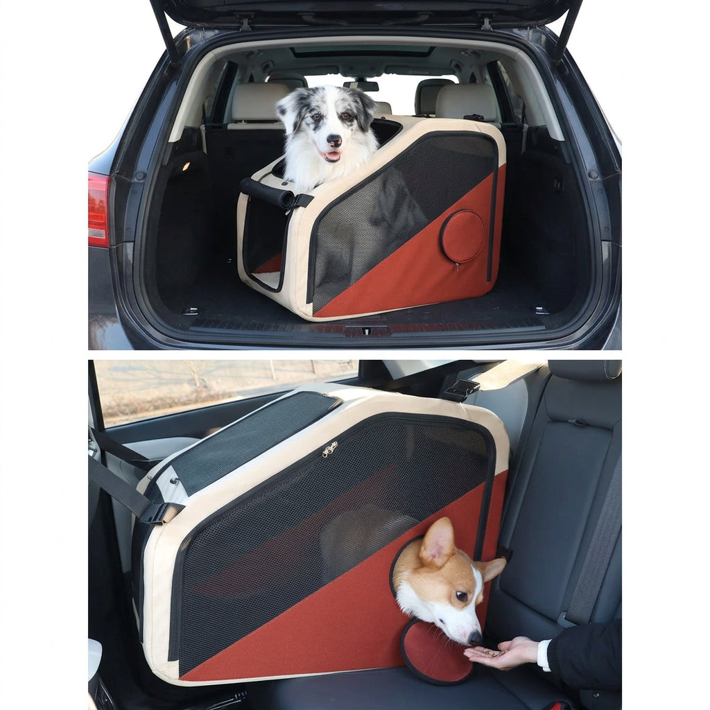 Foldable pet car carrier for dogs and cats with enclosed travel design