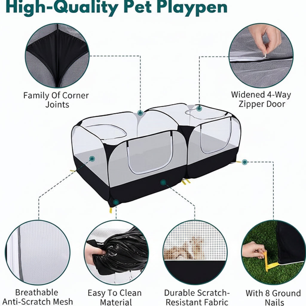 Foldable small pet playpen with mesh panels and detachable base
