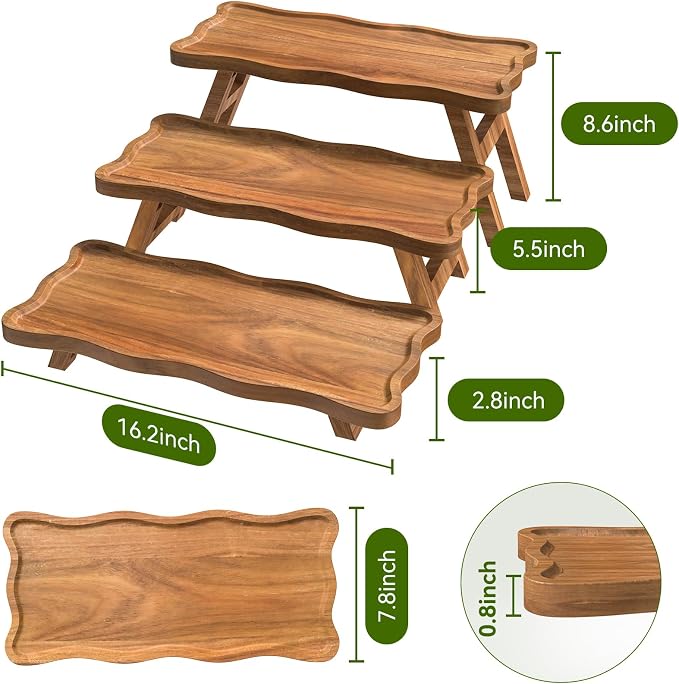 Foldable acacia wood dessert serving stand with three tiers