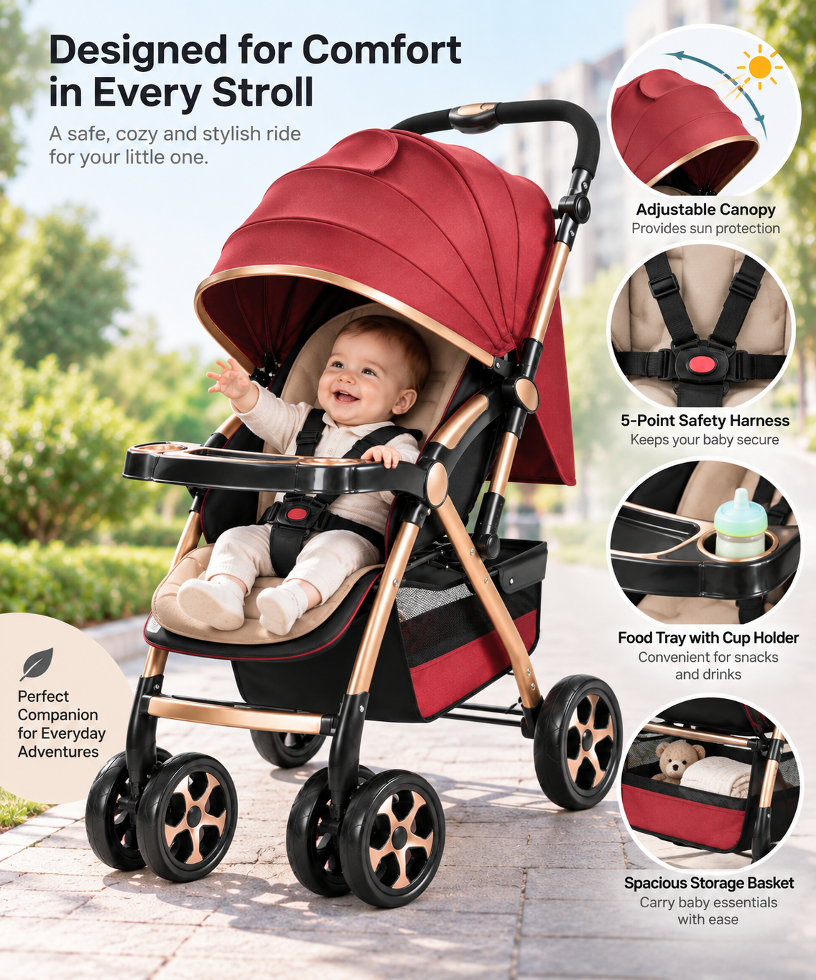 Foldable baby travel carriage with sturdy frame and multi-wheel construction