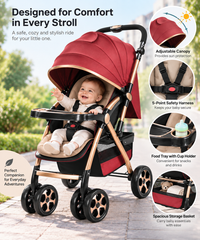 Foldable baby travel carriage with sturdy frame and multi-wheel construction