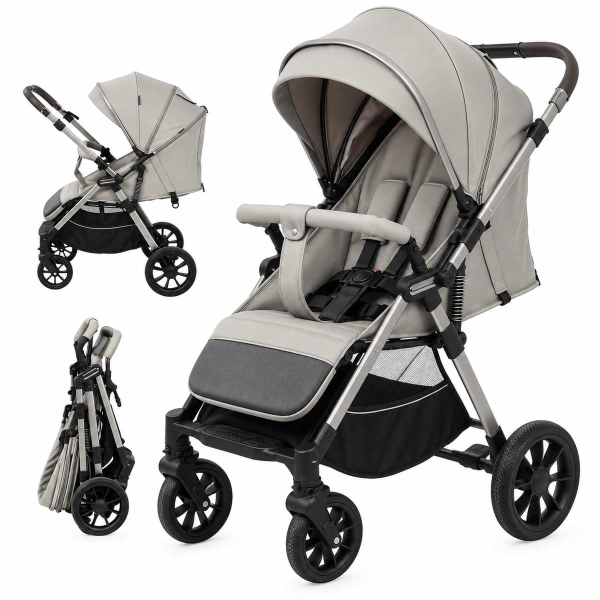 Foldable newborn travel pram shown in compact configuration for convenient storage
