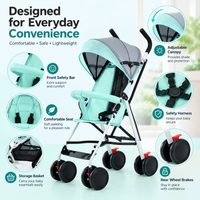 Foldable stroller featuring secure harness and supportive front safety bar