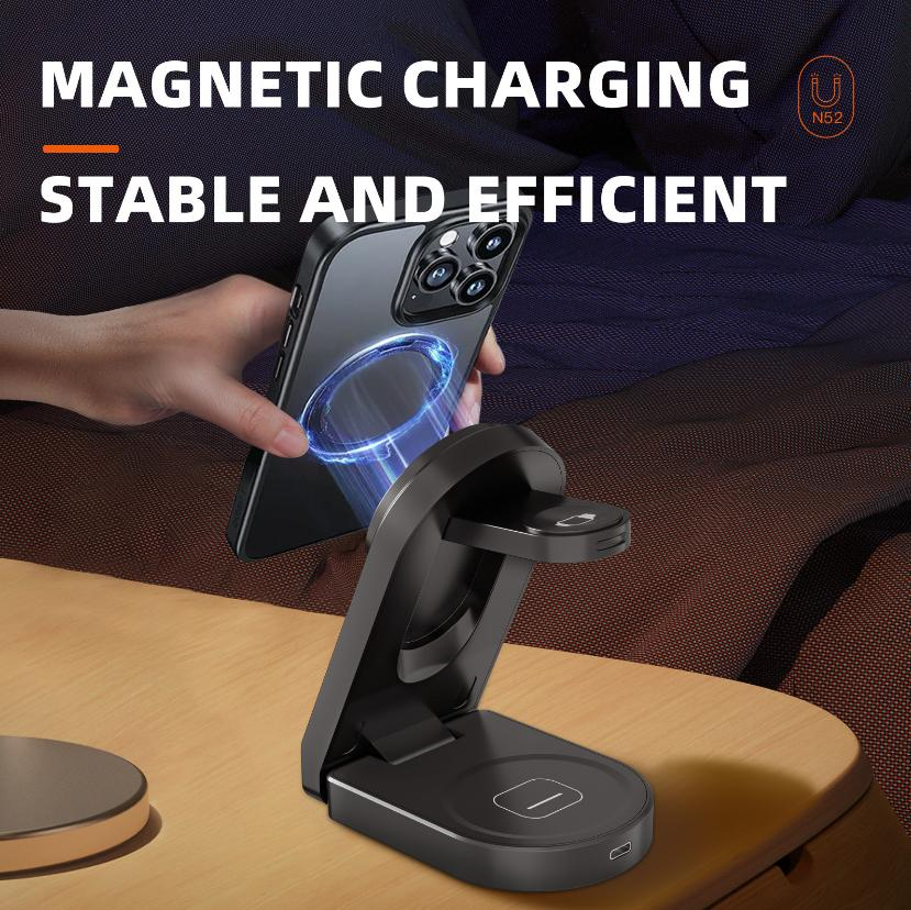 Folding wireless charger with retractable cable for travel use
