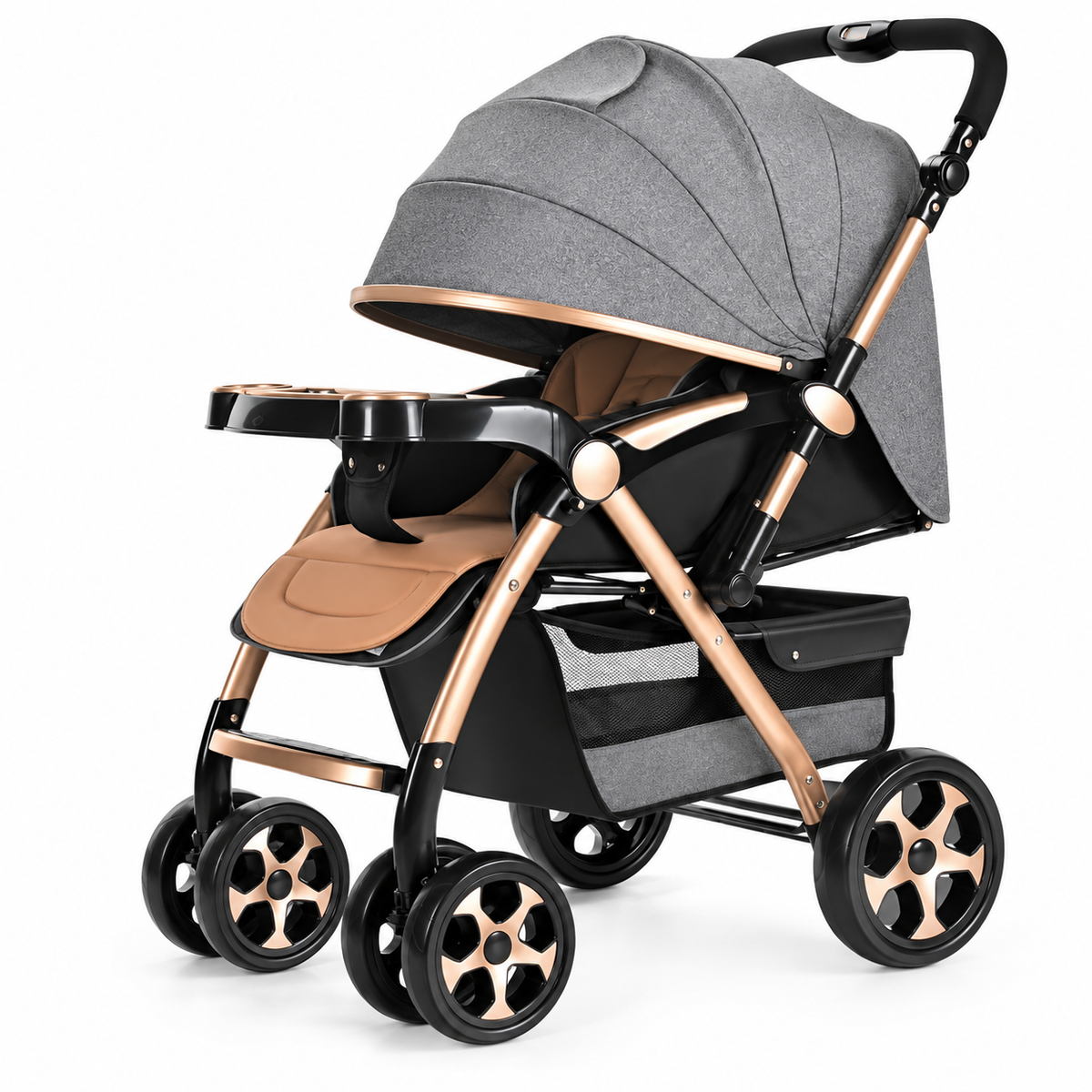 Folding baby stroller with padded handle, child tray and compact travel-friendly frame