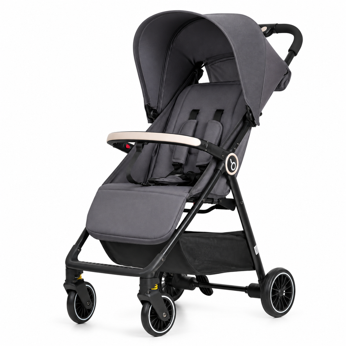 Folding infant stroller with compact frame and front swivel-style wheels