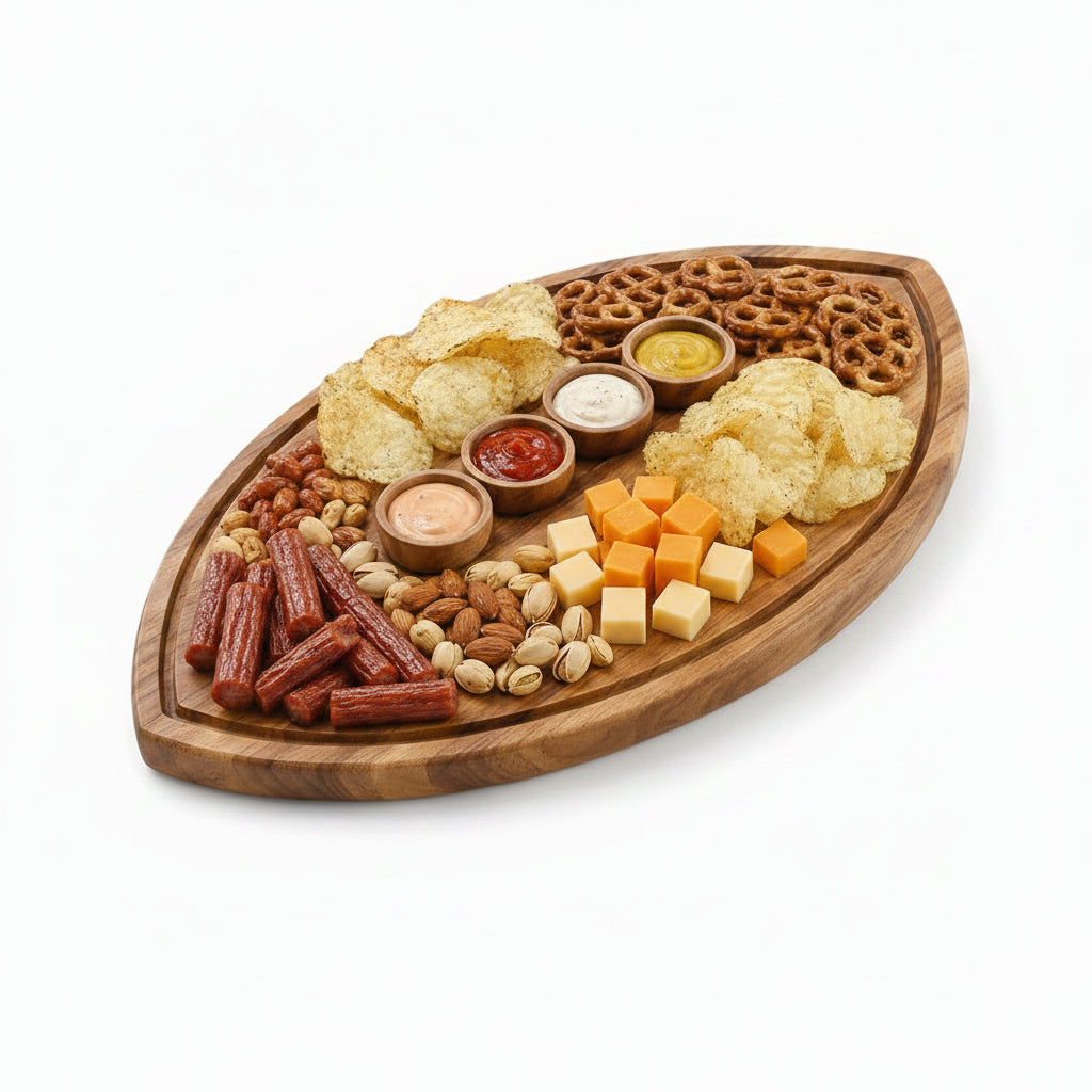 Football shaped acacia wood cutting board with natural grain