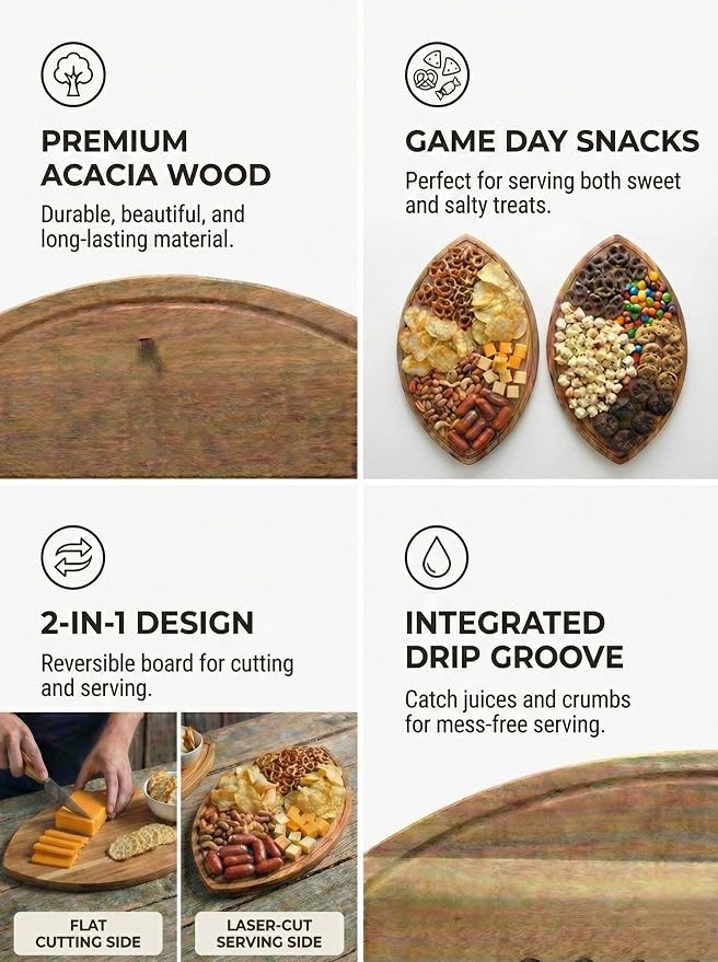 Football shaped wooden board displaying assorted party snacks
