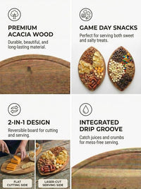 Football shaped wooden board displaying assorted party snacks