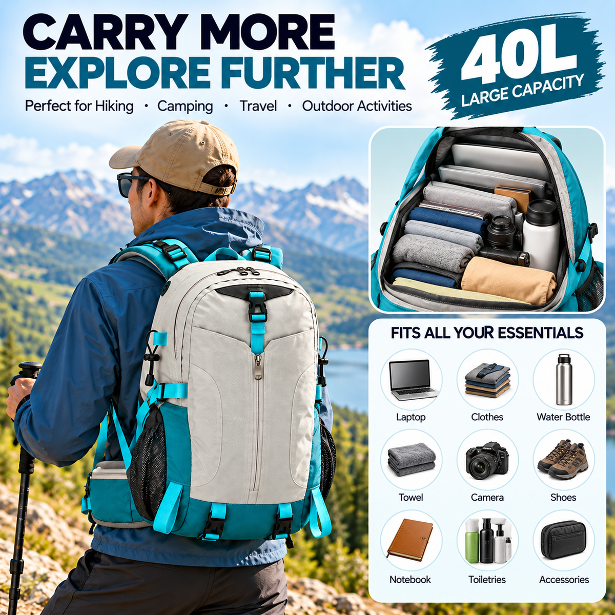 Side-angle view of a 40-litre hiking bag designed for recreational travel.