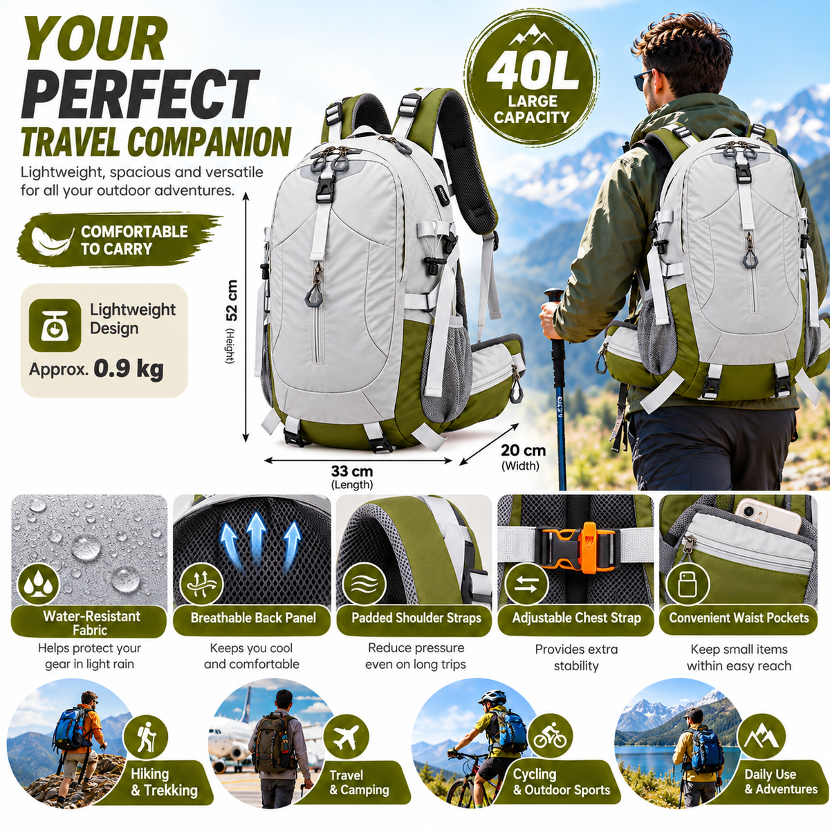 Open 40-litre outdoor bag displaying the main storage compartment.
