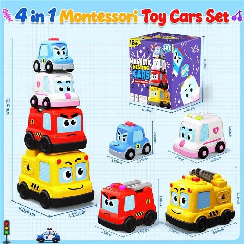Four in one toddler vehicle toys showing stacking and nesting components.