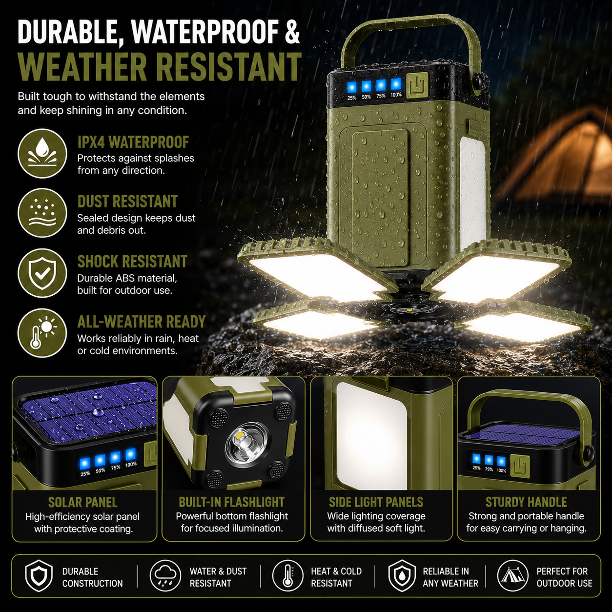 Four-leaf tent lantern for campsite illumination