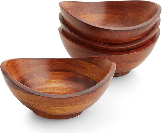 Set of four individual wooden serving bowls with cherry finish