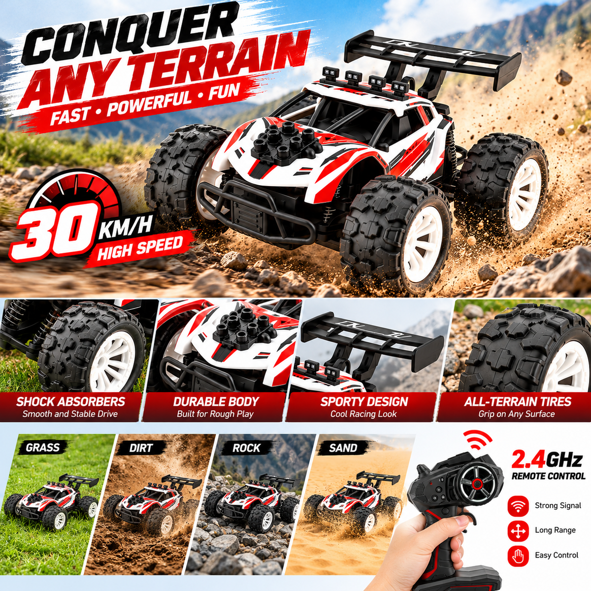 Four-wheel-drive RC climbing car designed for obstacle-based driving activities.
