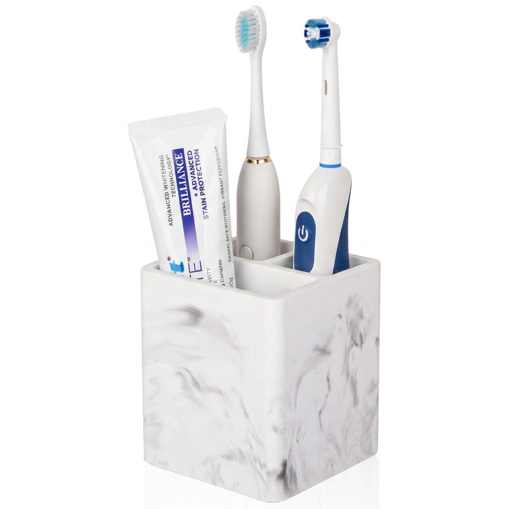 Toothbrush Holder for Bathroom Countertop – 3 Slot Electric Toothbrush & Toothpaste Organizer, Marble White Vanity Storage Cup for Shower & Sink