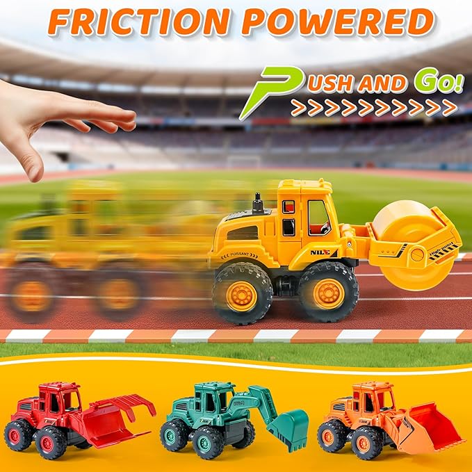 Friction powered construction vehicle toys for toddlers