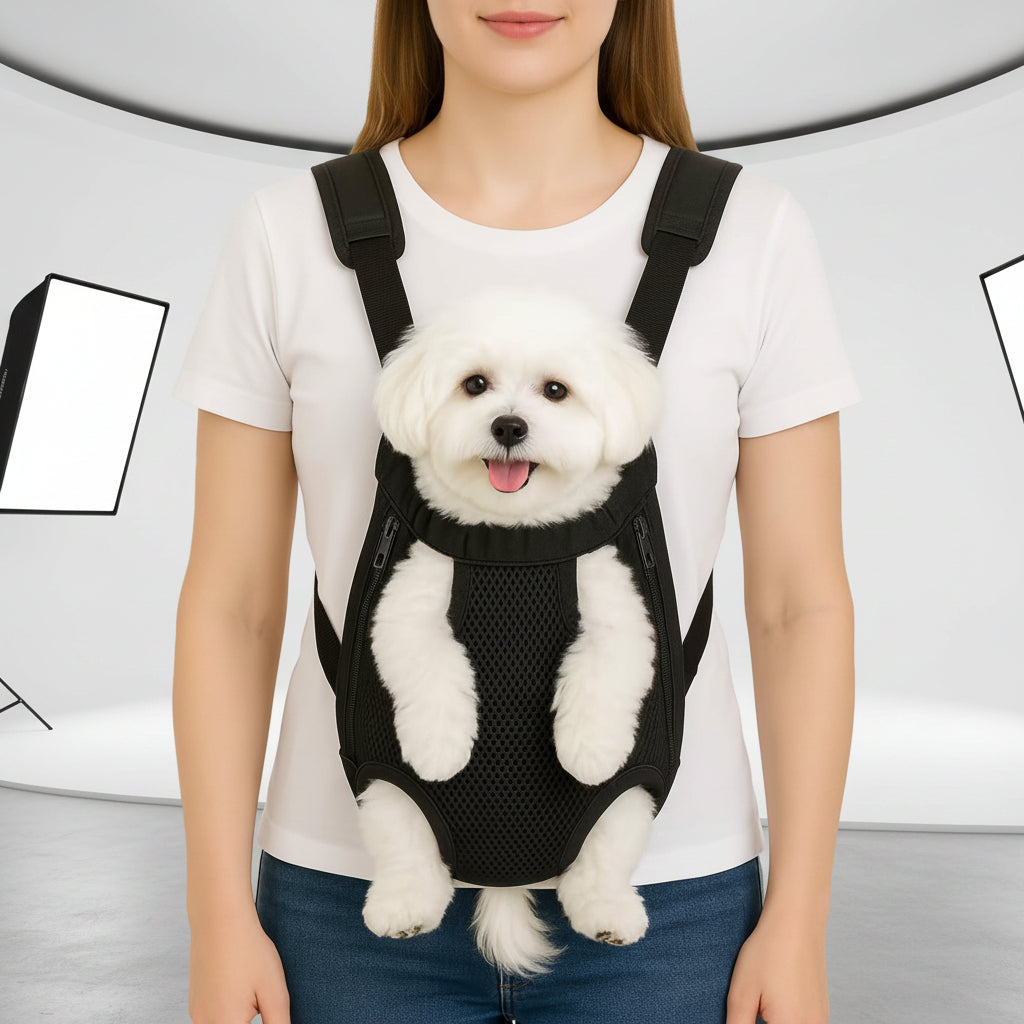 Front-style dog backpack carrier with legs-out opening design
