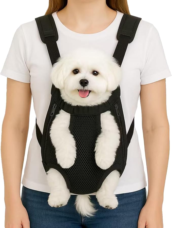 Front-style dog backpack carrier with legs-out opening design