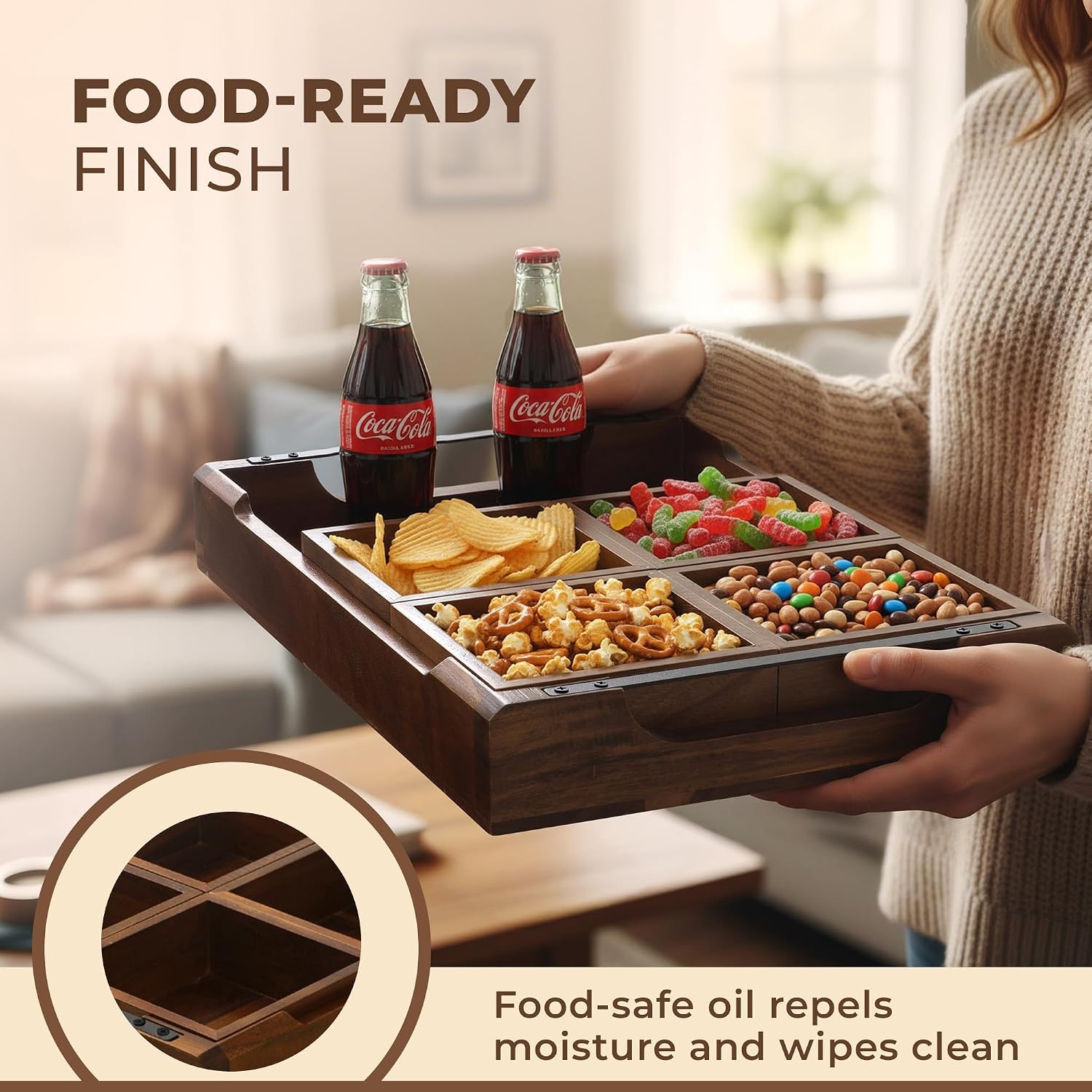 Wooden serving tray for fruit appetizers and snacks