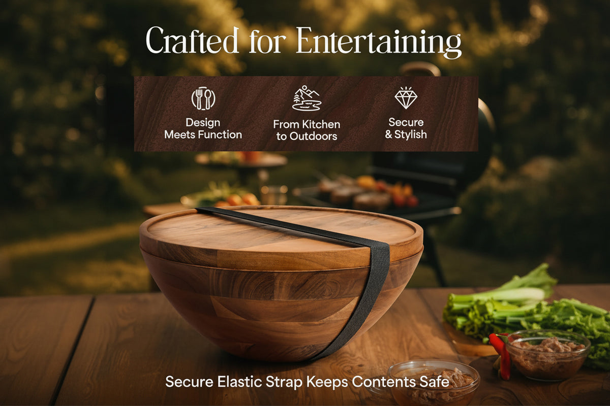 Large wooden fruit serving bowl with tray-style lid