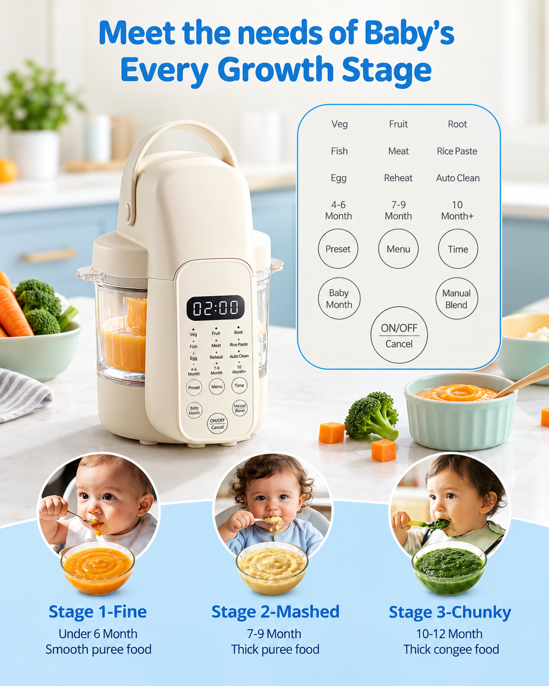 Food processor preparing smooth fruit and vegetable puree for infants