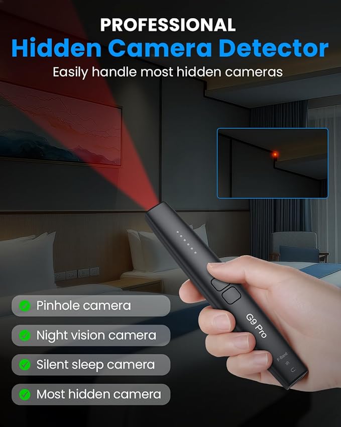 G9 Pro Hidden Camera Detector being used in a hotel room to scan for hidden surveillance devices.