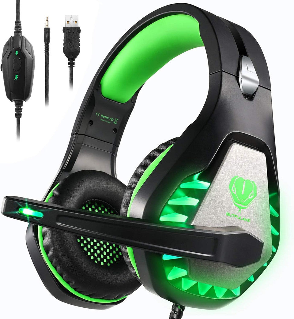 Blue gaming headset front view with microphone and over-ear design