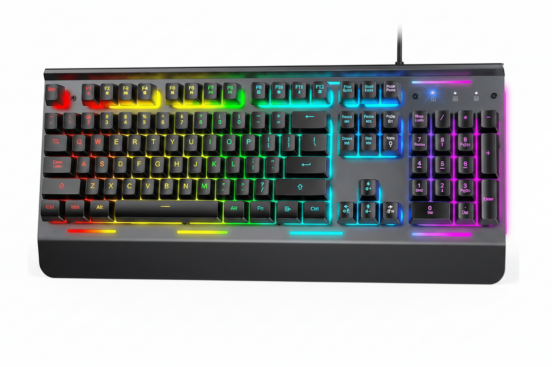 RGB wired gaming keyboard on a white background