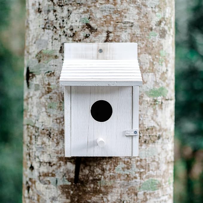 Outdoor wooden bird house for small birds, suitable for garden, patio, and yard use.