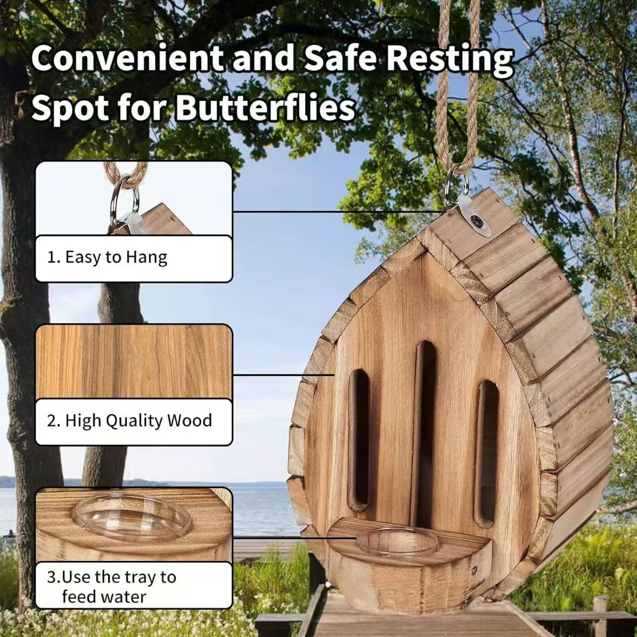 Decorative wooden butterfly house in a garden