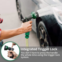 Garden hose spray nozzle with adjustable water flow control for lawn watering and outdoor cleaning