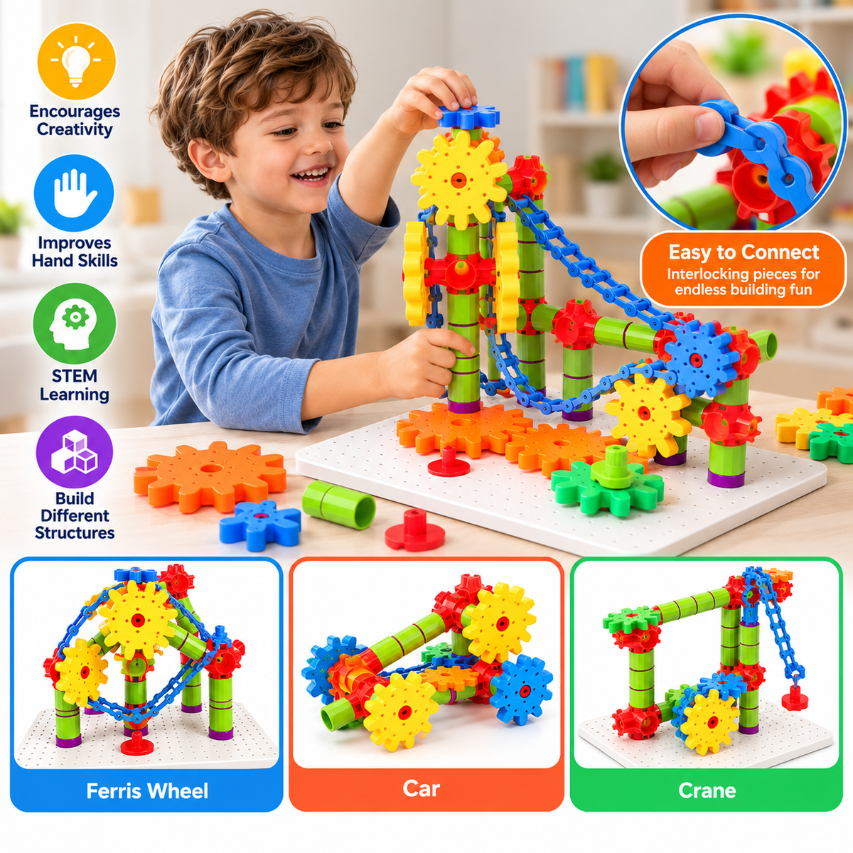 Gear construction toy with multiple models including car swing and Ferris wheel