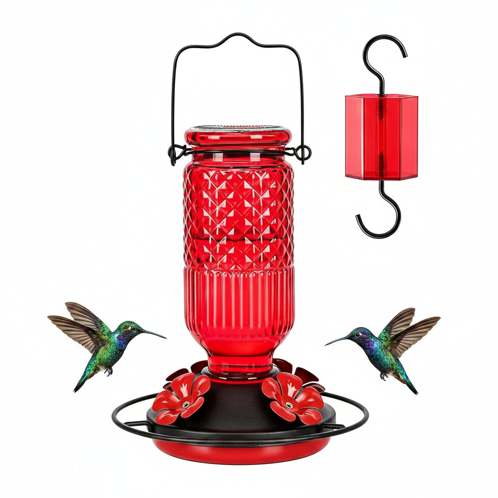 Hanging glass bird feeder with 16 oz capacity