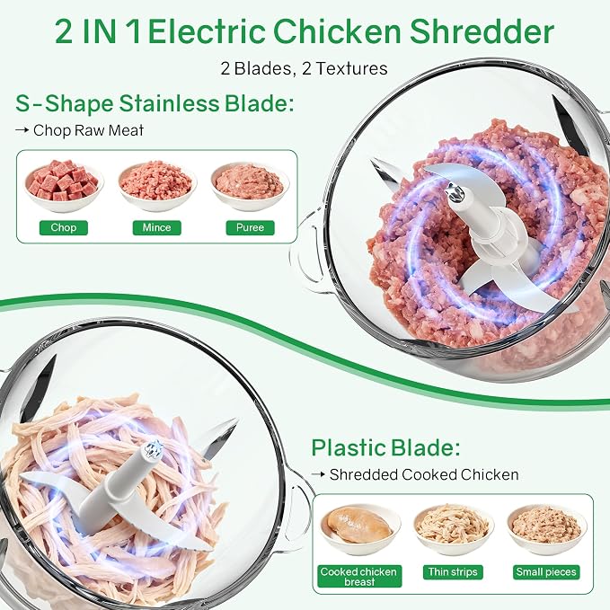 Glass bowl food chopper for chicken, vegetables, fruits, and nuts