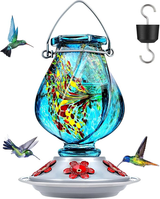 Front view of a blue glass hummingbird feeder