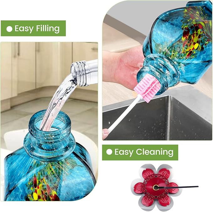 Blue glass hummingbird feeder shown in package layout