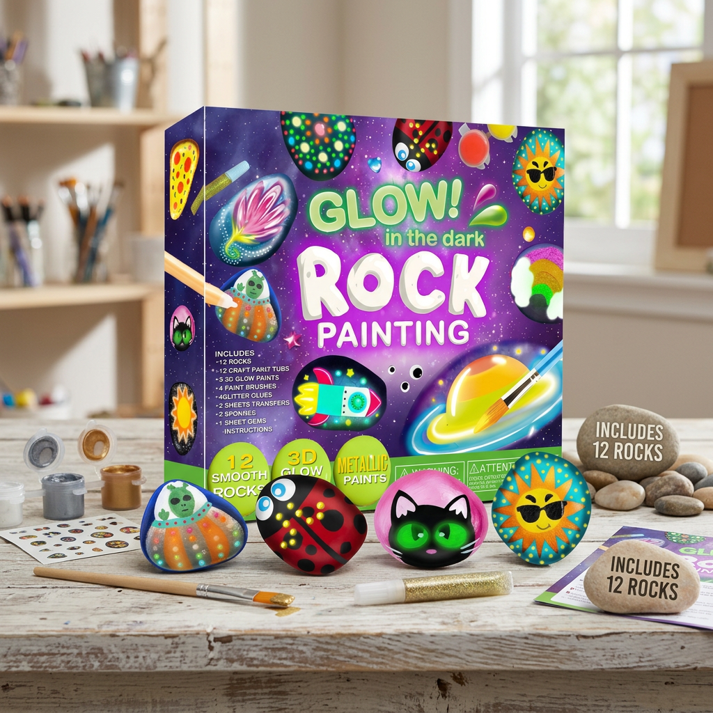 Glow in the dark rock painting kit for kids with paints, brushes, and smooth rocks