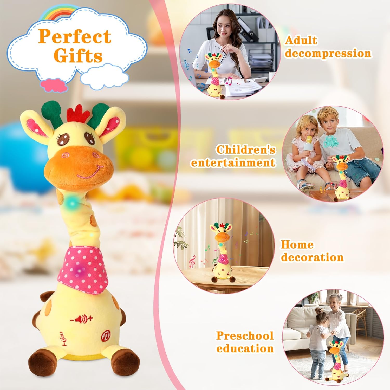 Glowing musical giraffe toy that dances, sings, and repeats what toddlers say