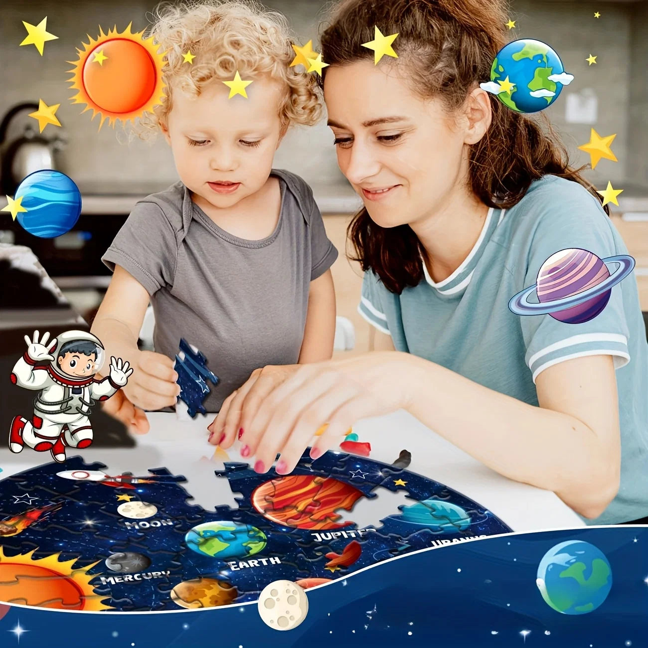Solar system puzzle showing glow in the dark effect