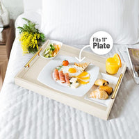 Rectangular ottoman tray featuring gold-tone side handles